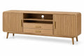 Mueble bajo para televisión con detalles de líneas verticales y estantes, marrón