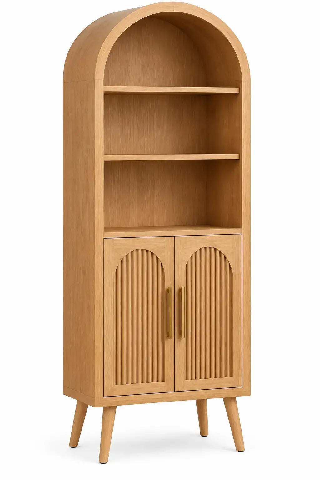 Estantería con almacenamiento con formas arqueadas y detalles de líneas verticales, marrón