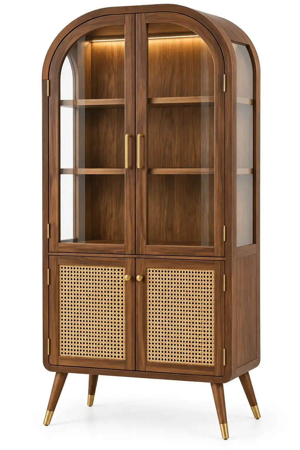 Vitrina de almacenamiento con formas arqueadas y detalles de entramado, marrón