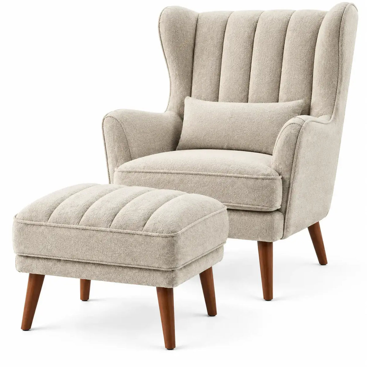 Sillón con reposapiés con acolchado acanalado y respaldo alto, beige y marrón
