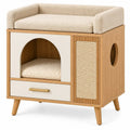 Mueble refugio para mascotas con formas arqueadas y detalles de entramado, marrón, beige y blanco