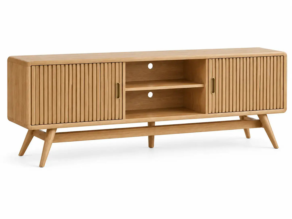 Mueble bajo para televisión con detalles de líneas verticales y estantes, marrón
